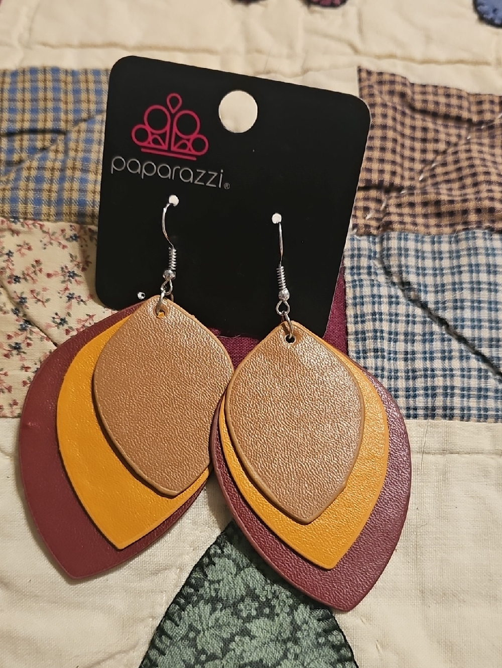 paparazzi Maroon, Mustard and Tan Layered Leather Teardrop Earrings